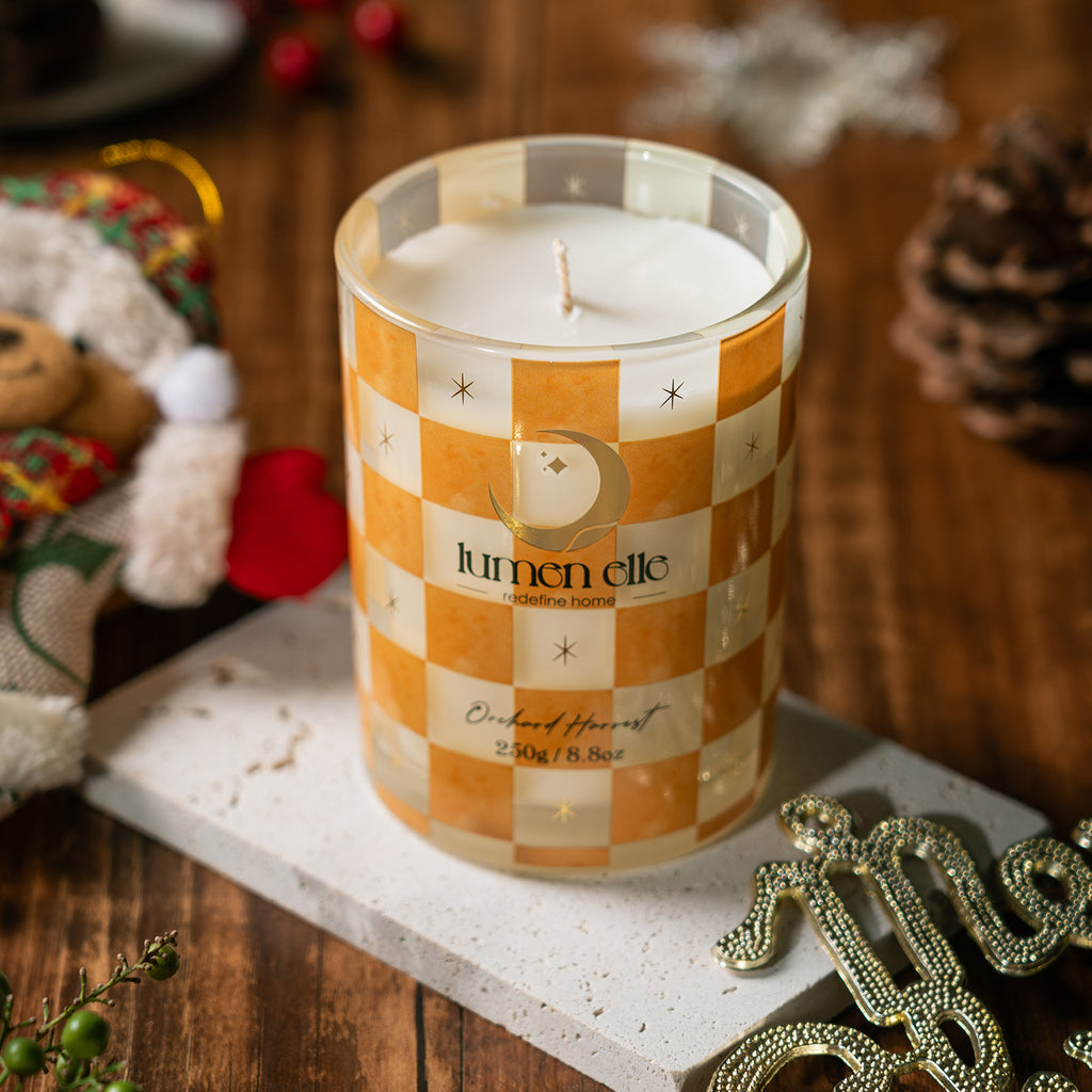 Lumenelle Joyride Holiday Scented Candle -Orchard Harvest, 8.8oz Checkered Glass Jar, 40-Hour Burn, Soy Wax Blend, Christmas Gifts