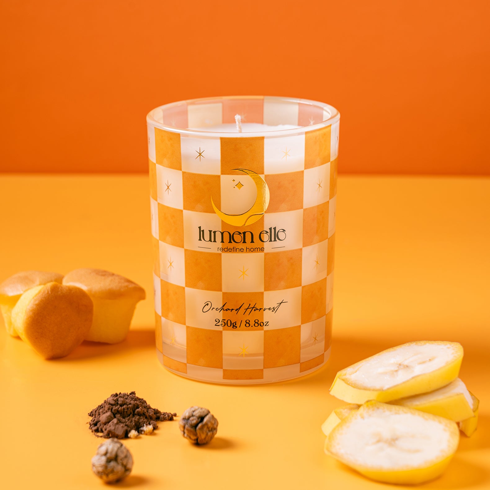 Lumenelle Joyride Holiday Scented Candle -Orchard Harvest, 8.8oz Checkered Glass Jar, 40-Hour Burn, Soy Wax Blend, Christmas Gifts