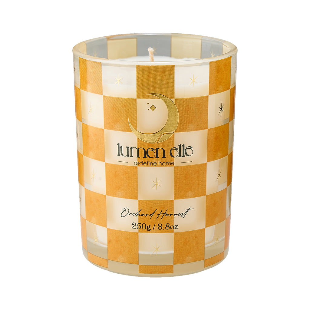 Lumenelle Joyride Holiday Scented Candle -Orchard Harvest, 8.8oz Checkered Glass Jar, 40-Hour Burn, Soy Wax Blend, Christmas Gifts