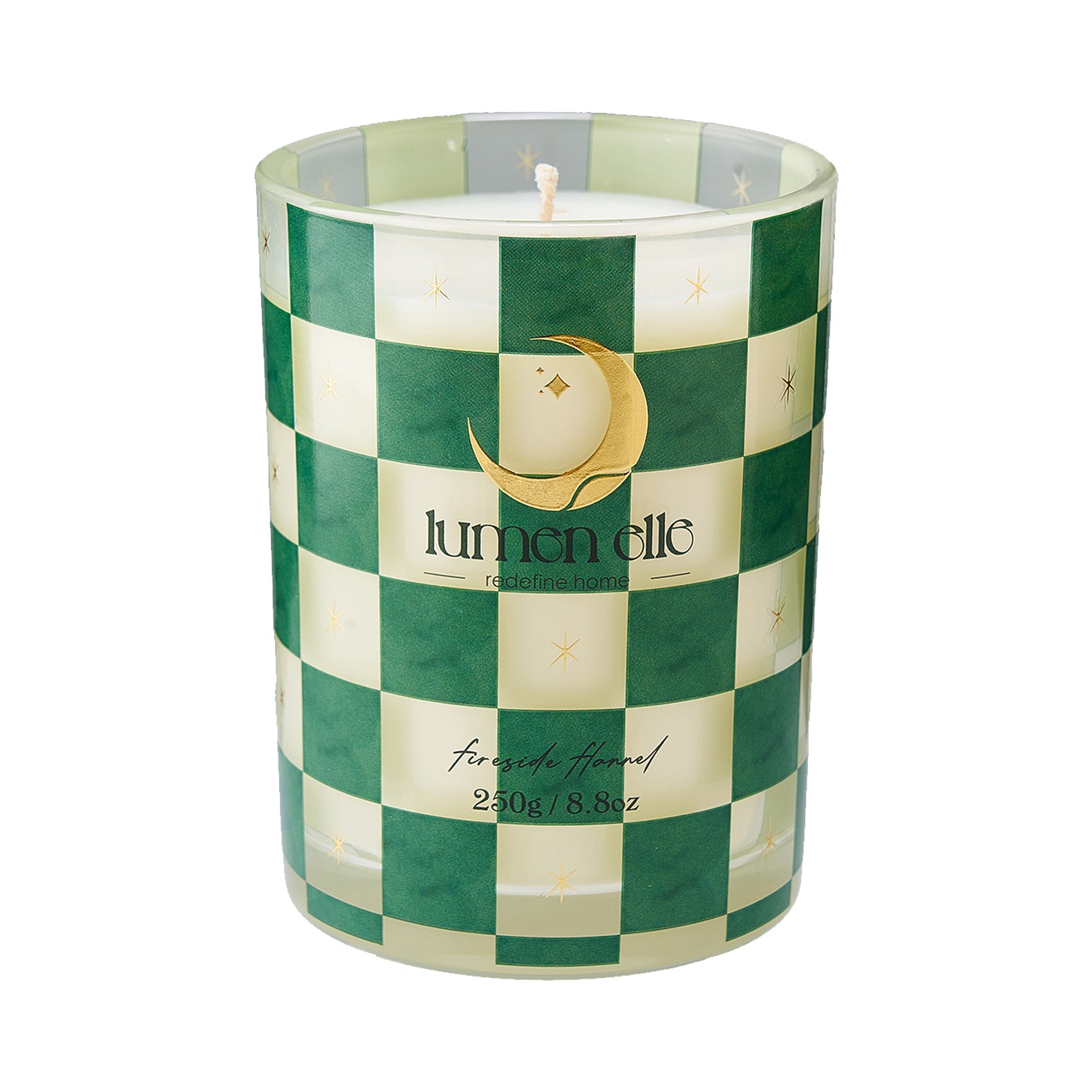 Lumenelle Joyride Holiday Scented Candle - Fireside Flannel, 8.8oz Checkered Glass Jar, 40-Hour Burn, Soy Wax Blend, Christmas Gifts