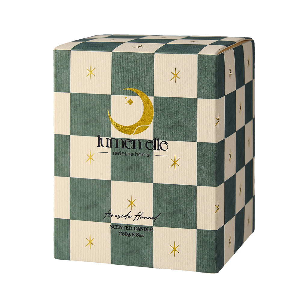 Lumenelle Joyride Holiday Scented Candle - Fireside Flannel, 8.8oz Checkered Glass Jar, 40-Hour Burn, Soy Wax Blend, Christmas Gifts