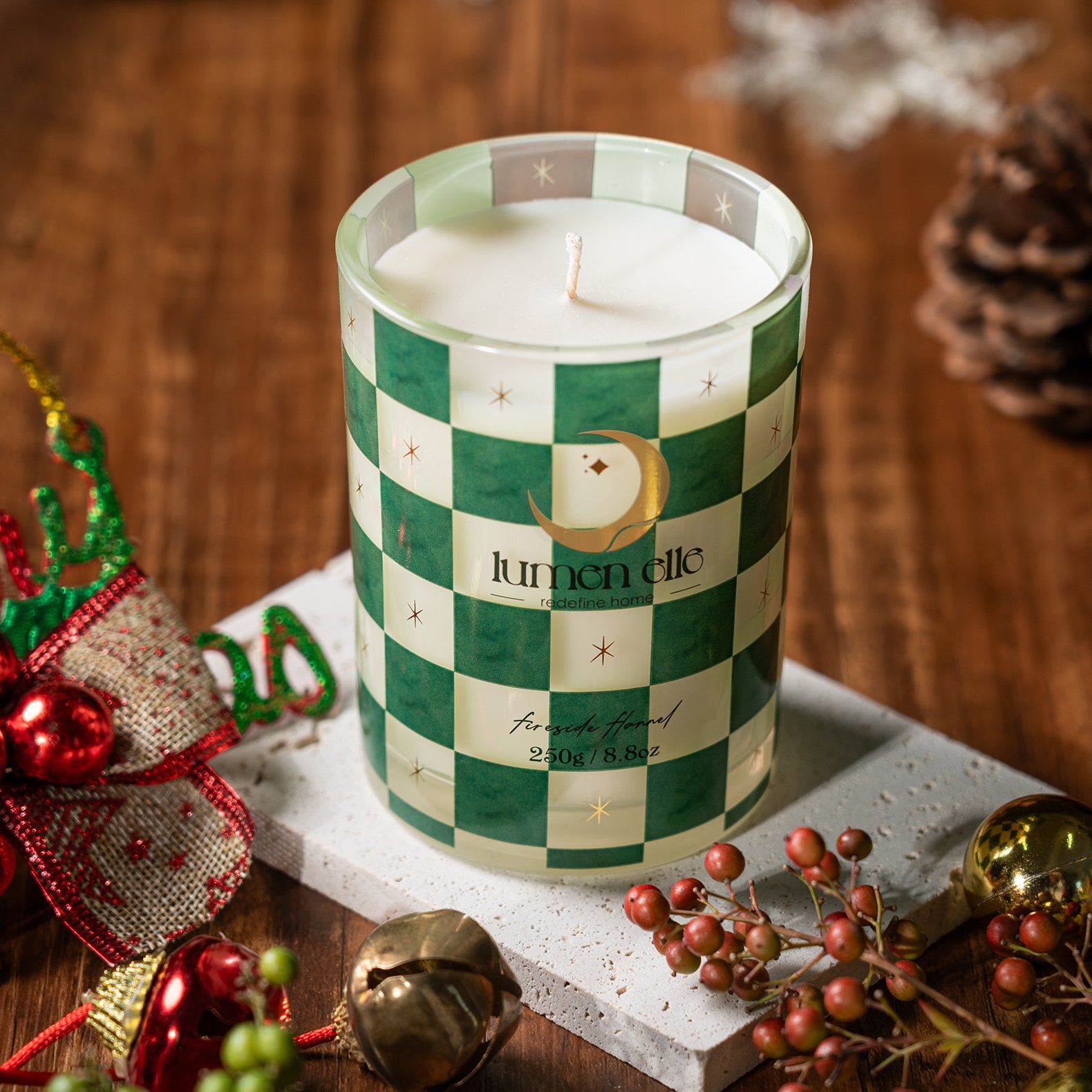 Lumenelle Joyride Holiday Scented Candle - Fireside Flannel, 8.8oz Checkered Glass Jar, 40-Hour Burn, Soy Wax Blend, Christmas Gifts
