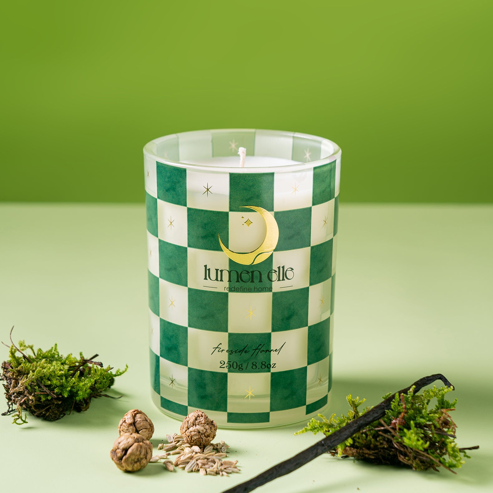 Lumenelle Joyride Holiday Scented Candle - Fireside Flannel, 8.8oz Checkered Glass Jar, 40-Hour Burn, Soy Wax Blend, Christmas Gifts