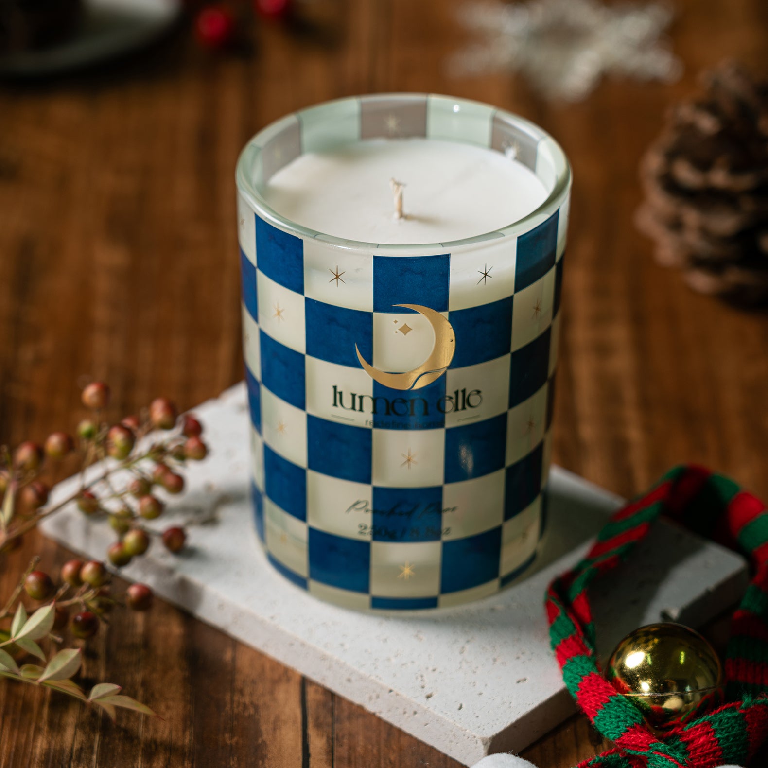 Lumenelle Joyride Holiday Scented Candle - Poached Pear, 8.8oz Checkered Glass Jar, 40-Hour Burn, Soy Wax Blend, Christmas Gifts