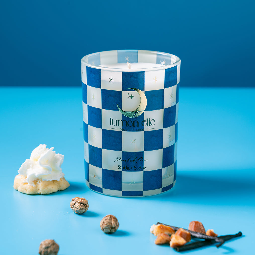 Lumenelle Joyride Holiday Scented Candle - Poached Pear, 8.8oz Checkered Glass Jar, 40-Hour Burn, Soy Wax Blend, Christmas Gifts