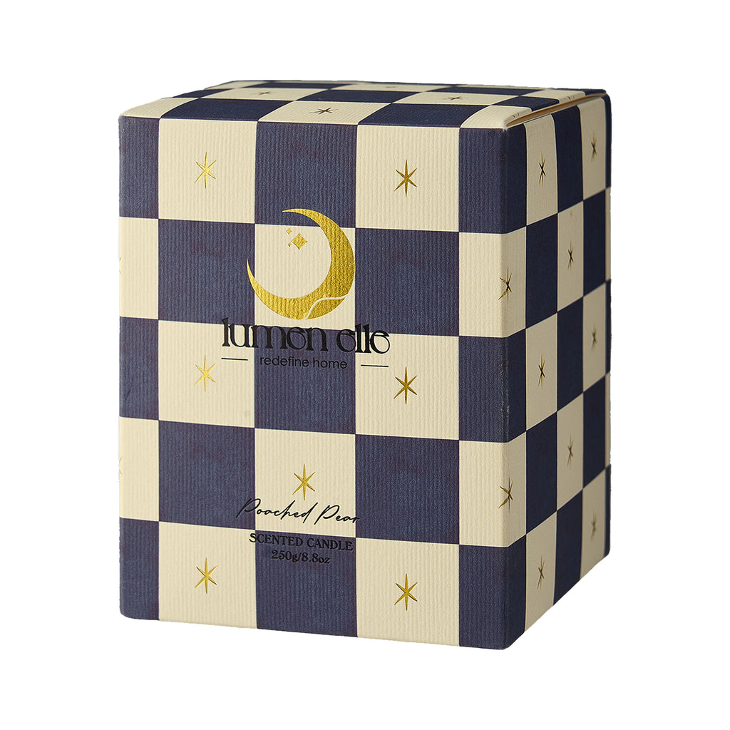 Lumenelle Joyride Holiday Scented Candle - Poached Pear, 8.8oz Checkered Glass Jar, 40-Hour Burn, Soy Wax Blend, Christmas Gifts