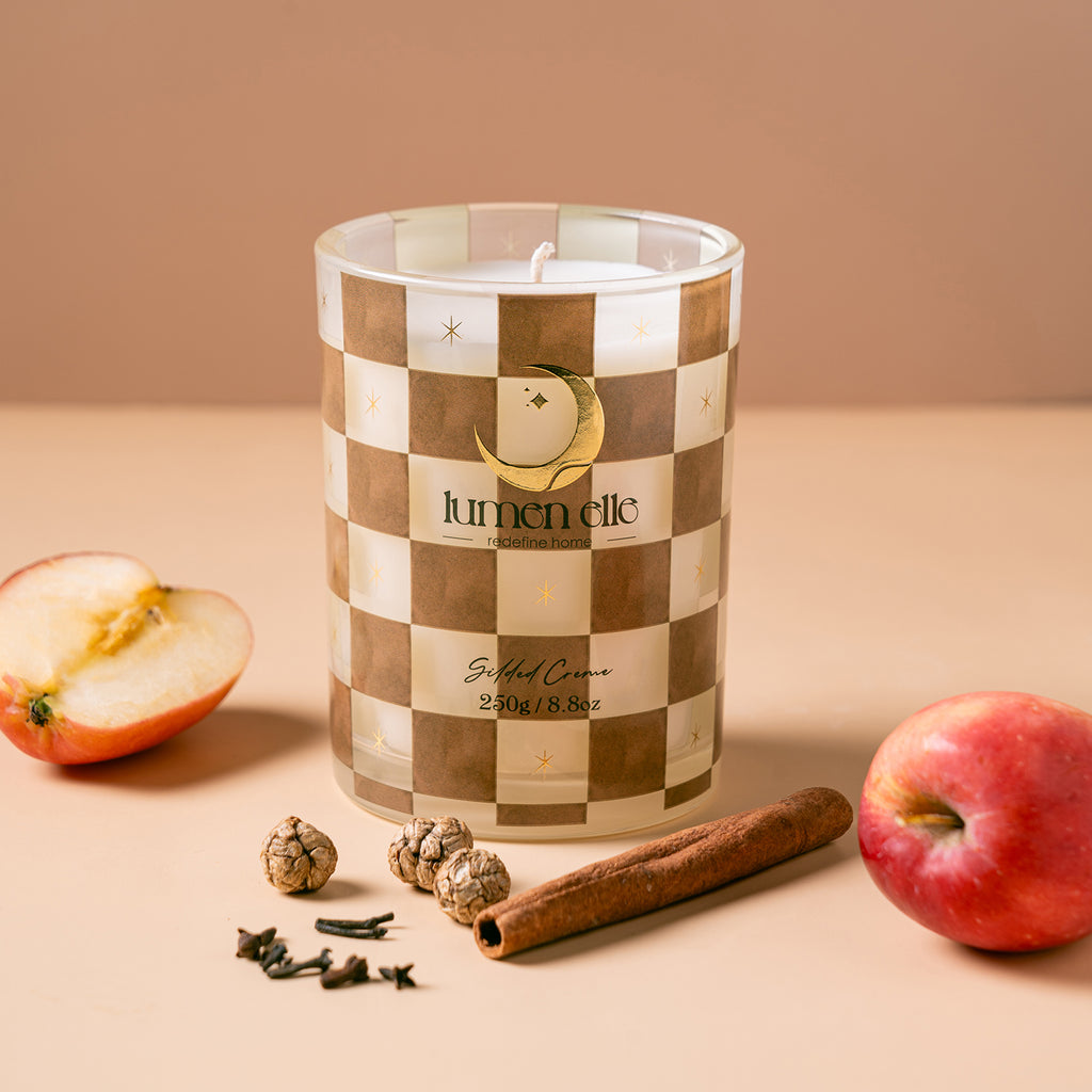 Lumenelle Joyride Holiday Scented Candle - Gilded  Créme, 8.8oz Checkered Glass Jar, 40-Hour Burn, Soy Wax Blend, Christmas Gifts