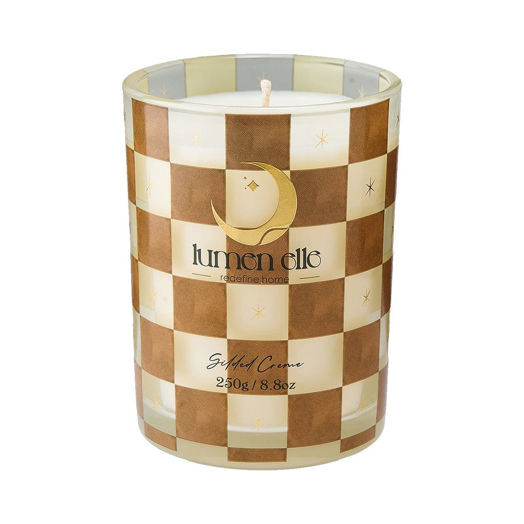 Lumenelle Joyride Holiday Scented Candle - Gilded  Créme, 8.8oz Checkered Glass Jar, 40-Hour Burn, Soy Wax Blend, Christmas Gifts