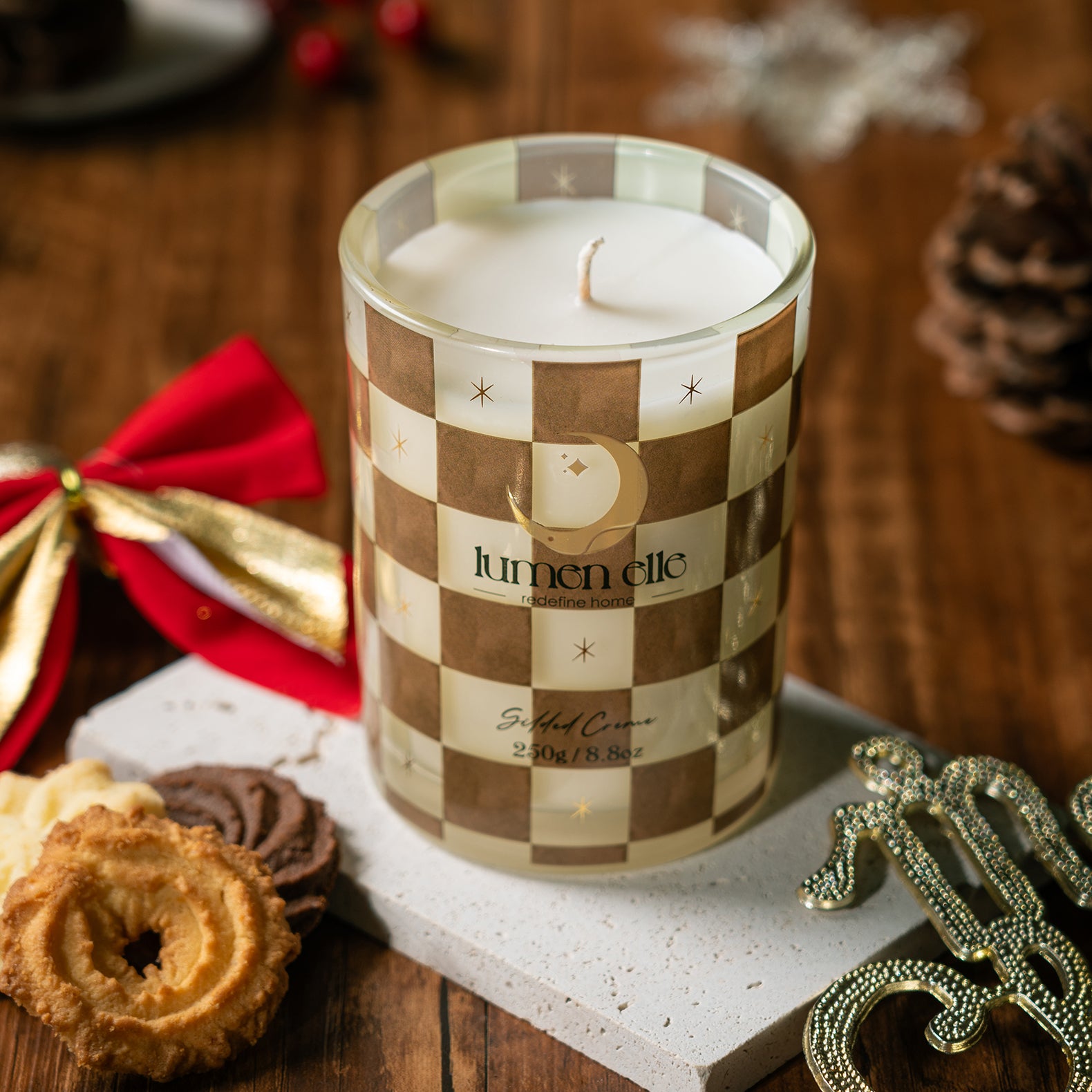 Lumenelle Joyride Holiday Scented Candle - Gilded  Créme, 8.8oz Checkered Glass Jar, 40-Hour Burn, Soy Wax Blend, Christmas Gifts