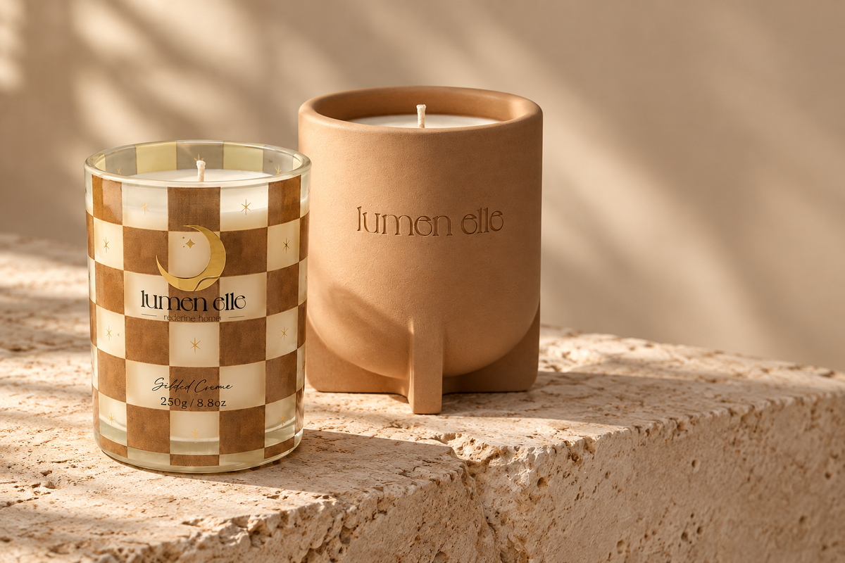 Lumenelle Sugar Arcade and Sunlit Atrium candles in warm natural light