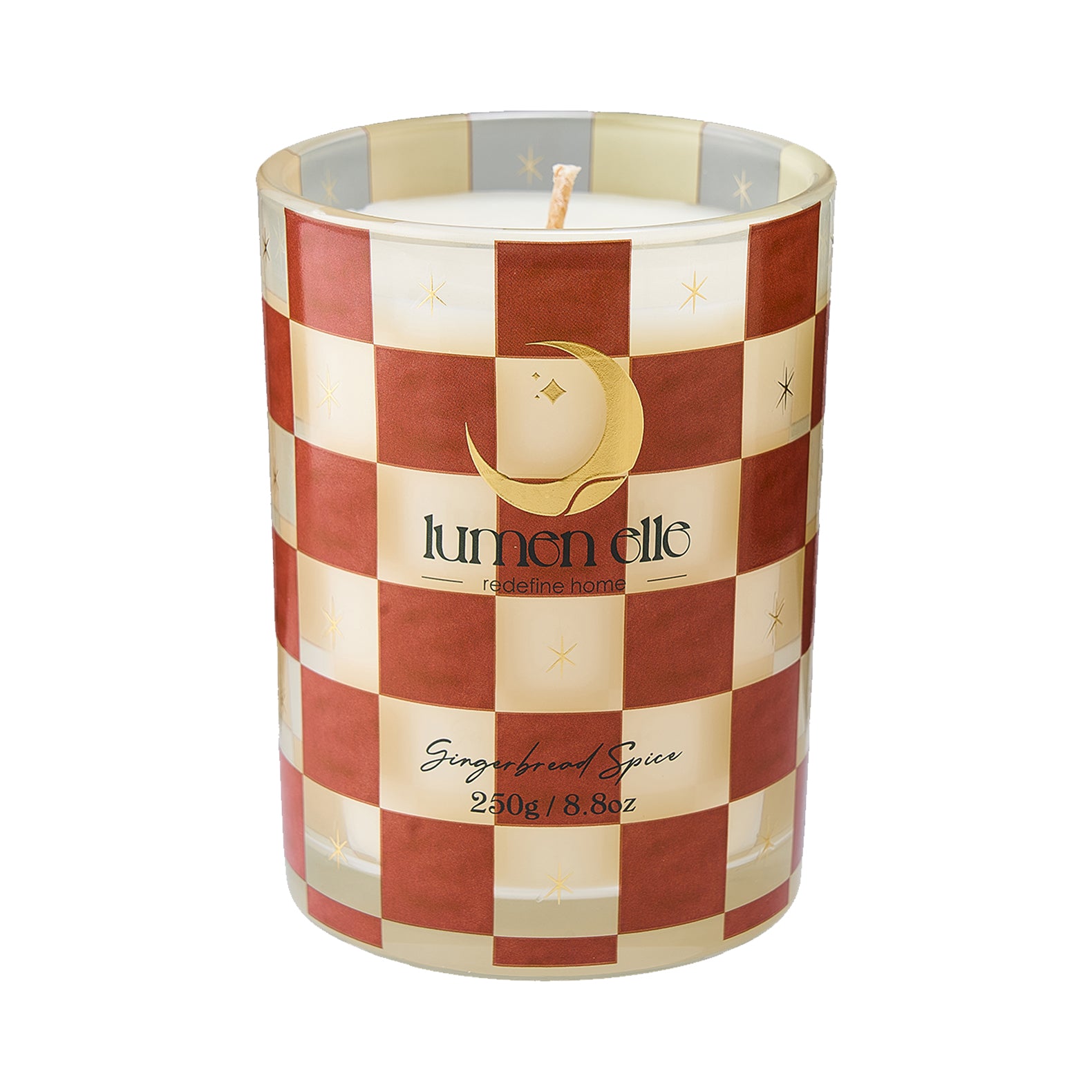 Lumenelle Joyride Holiday Scented Candle - Gingerbread Spice, 8.8oz Checkered Glass Jar, 40-Hour Burn, Soy Wax Blend, Christmas Gifts