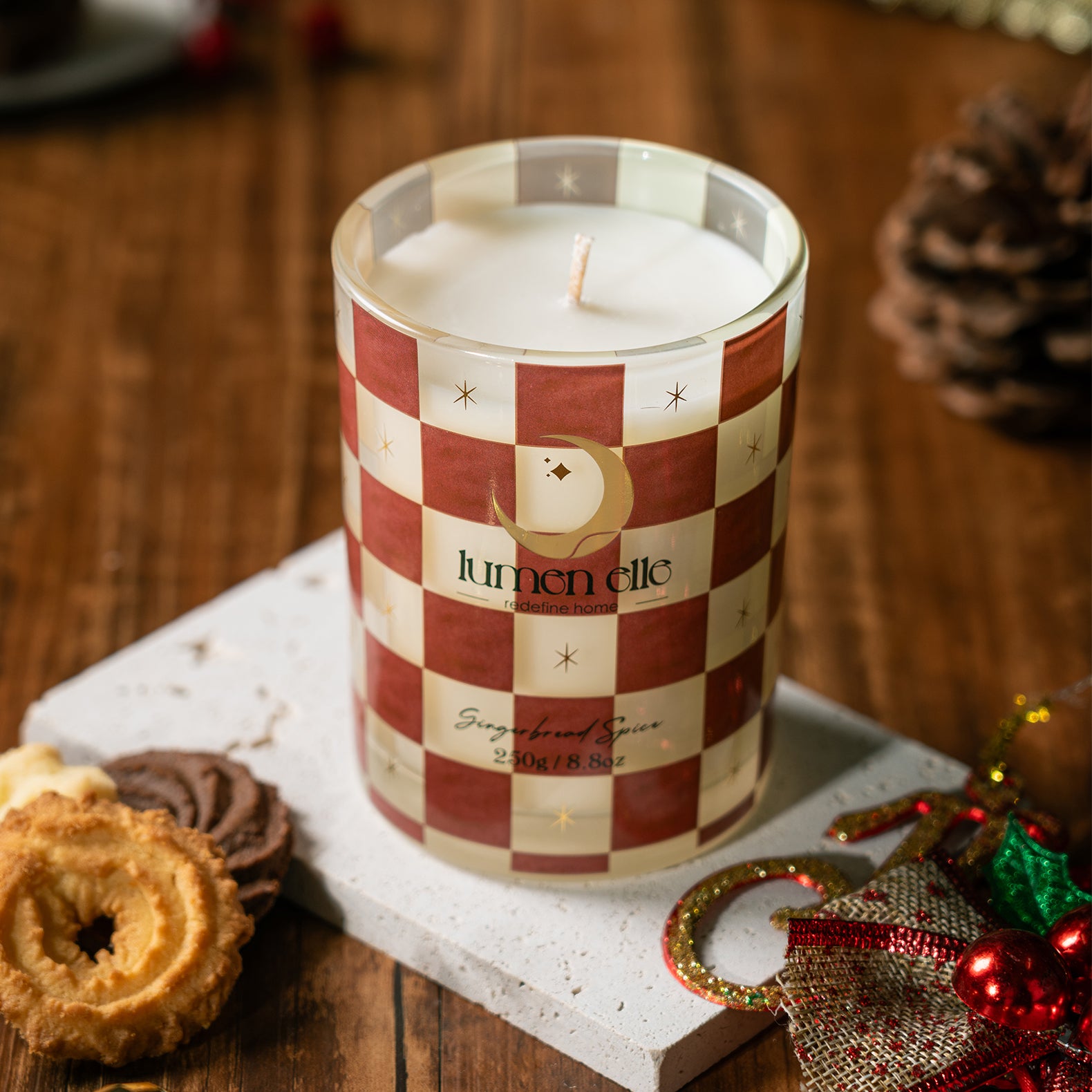 Lumenelle Joyride Holiday Scented Candle - Gingerbread Spice, 8.8oz Checkered Glass Jar, 40-Hour Burn, Soy Wax Blend, Christmas Gifts