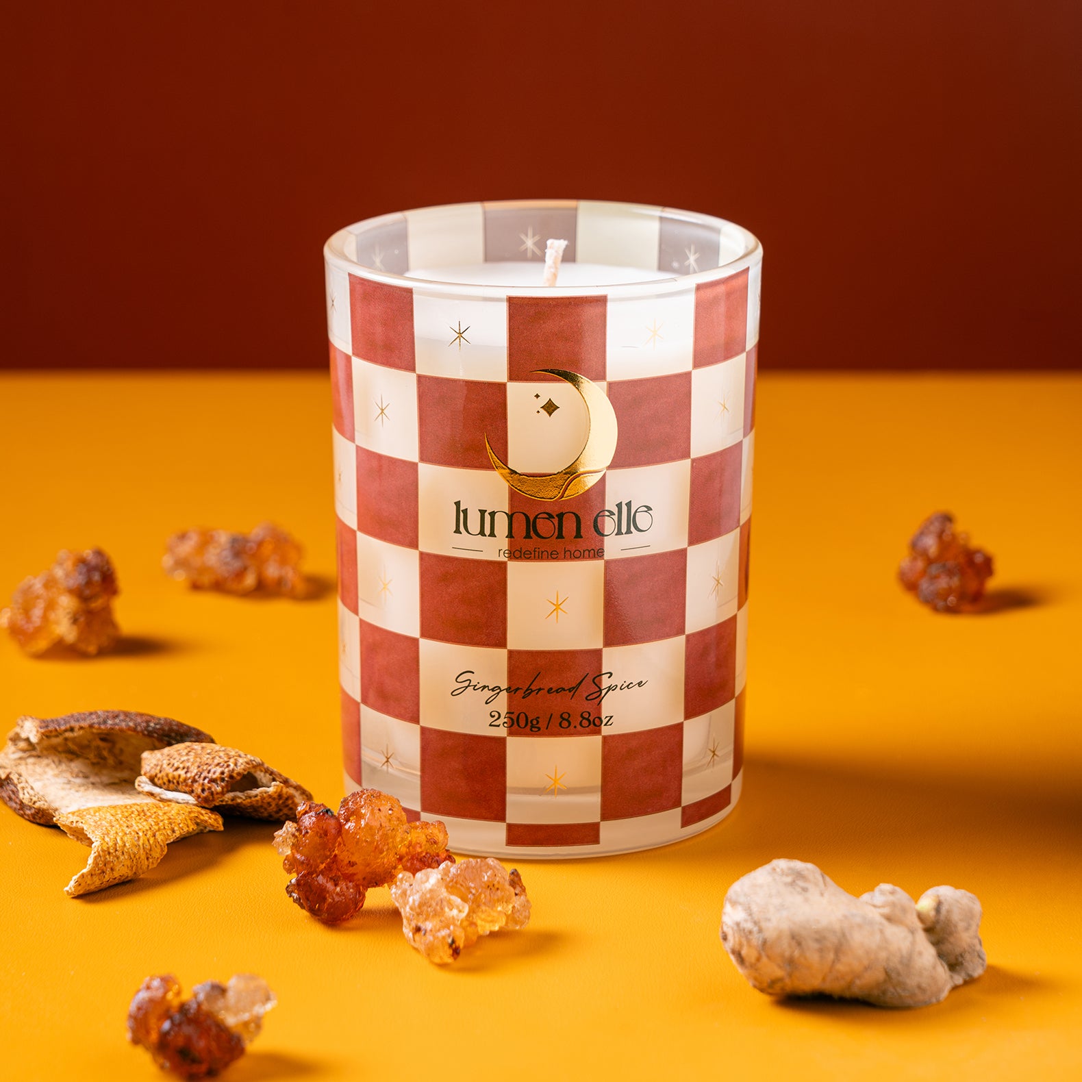 Lumenelle Joyride Holiday Scented Candle - Gingerbread Spice, 8.8oz Checkered Glass Jar, 40-Hour Burn, Soy Wax Blend, Christmas Gifts