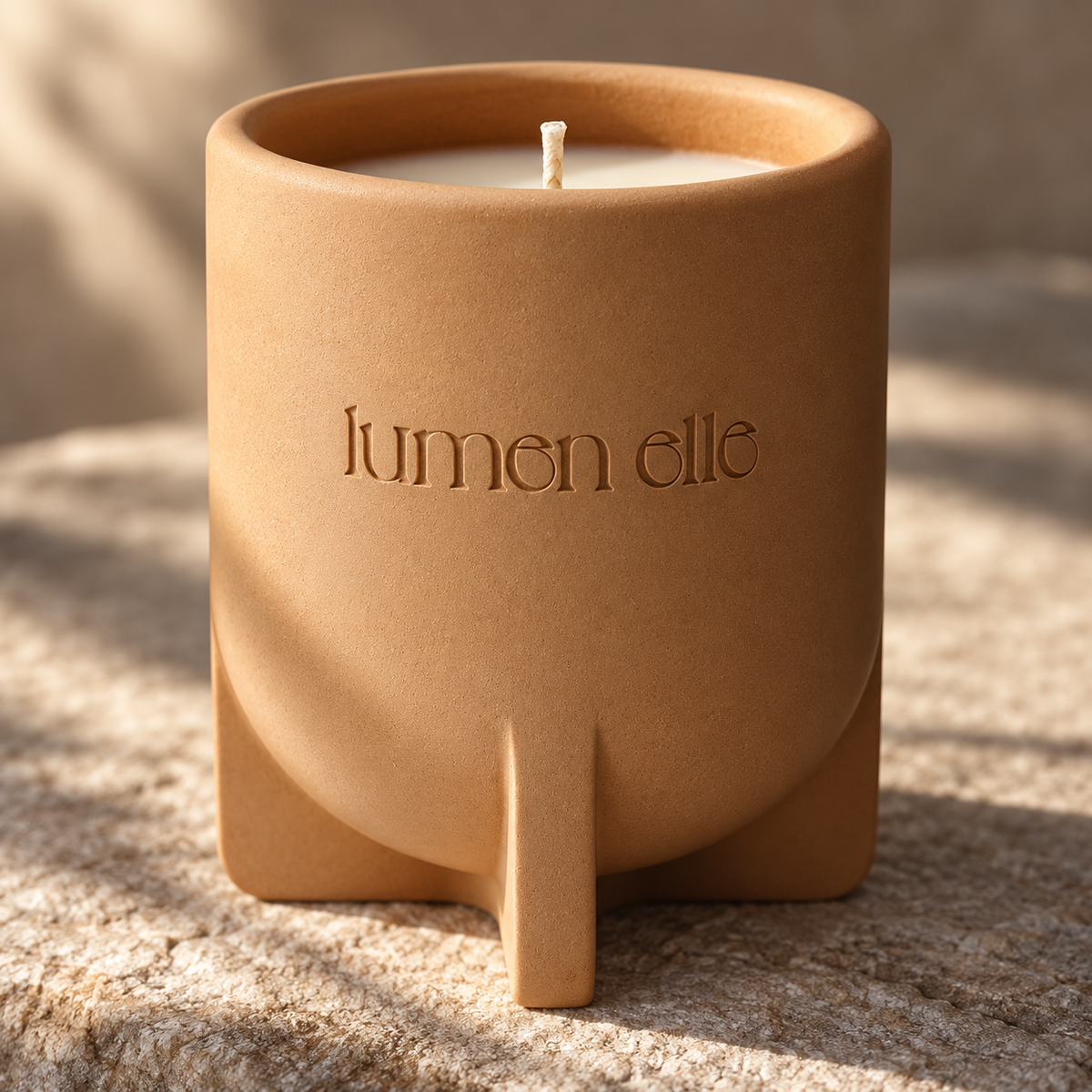 Lumenelle Mediterranean Fig candle: close-up of the stoneware vessel
